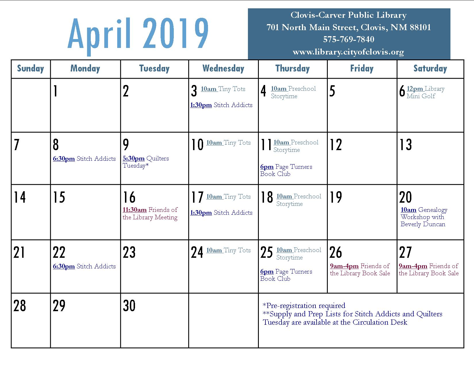 Calendar | April 2019