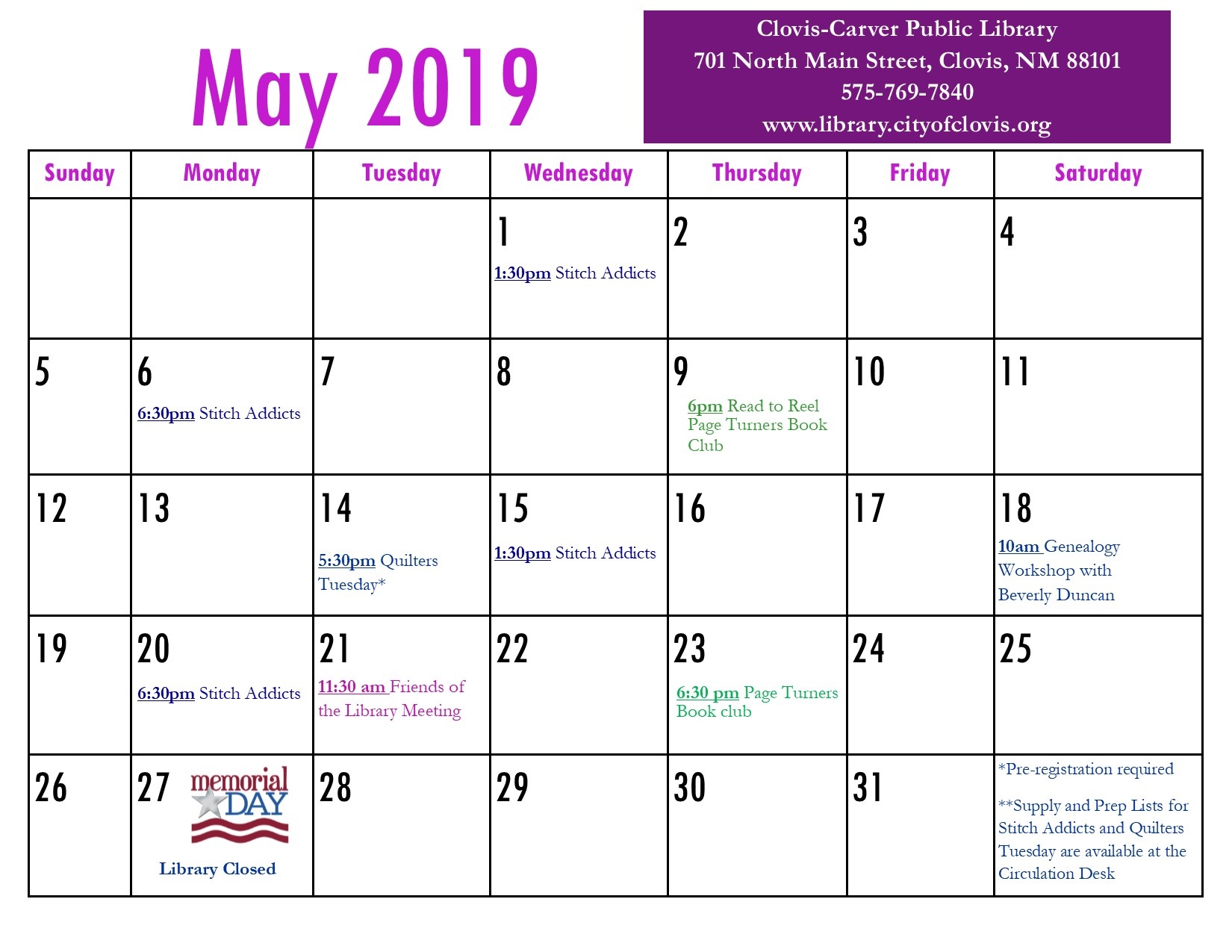 Calendar | May 2019